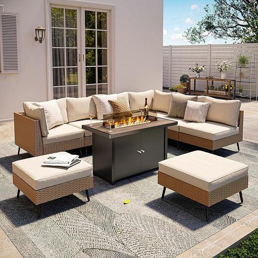 LAUSAINT HOME 9 Pieces Outdoor Patio Furniture Set with 43" Propane Gas Fire Pit Table, Outdoor Sectional Sofa PE Rattan Wicker Patio Conversation Sets with Thick Cushions(Beige