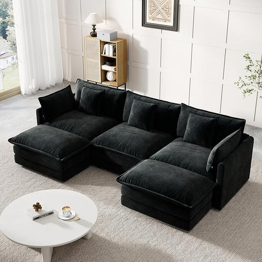 Modular Sectional Sofa, 111.5 Inch U-Shaped Cloud Sofa with Deep Seat Chenille Sofa with Cushions, Three-Self Sectional Sofa for Living Room Apartment,Black