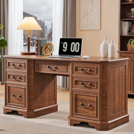 RedLemon 60" Executive Desk with Drawers,Wood Home Office Desk, Featuring Keyboard Tray,Charging Station,File Drawer, Storage Cabinet,for Work and Study (Reclaimed Barnwood)