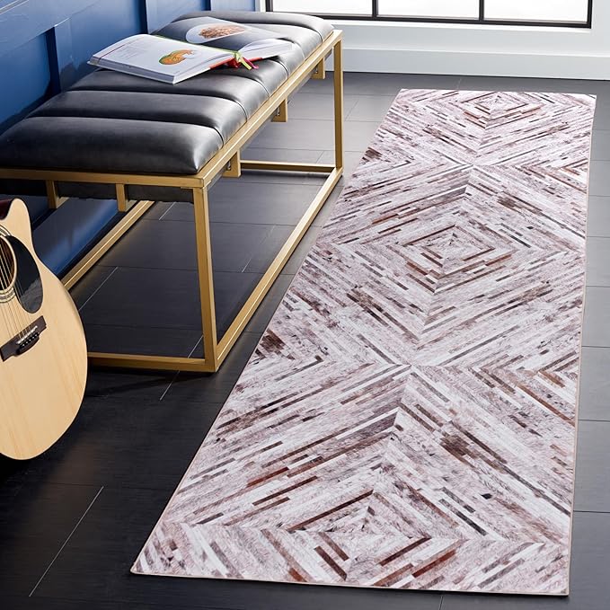 SAFAVIEH Washable Rug Faux Hide Collection - 2'6" x 12' Runner, Beige & Brown, Slip Resistant, Western Rustic Decor, Printed Pattern, Ideal for Living Room, Bedroom, Office, Dining Space (FAH526A)