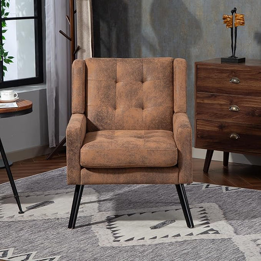 Mid-Century Modern Accent Chair, Plush Suede Fabric with Button Tufted High Back & 5" Thick Cushion, High Comfort Reading Chair for Living Room, Bedroom, Office (Brown)