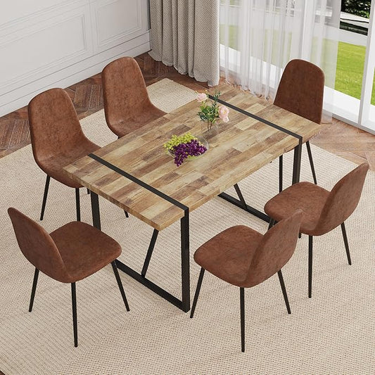 6 Chair Dining Table Set，Dinner Table Set for 6, 55'' Kitchen Table and PU Leather Chairs Set of 6, 7 Piece Dining Table Set for Kitchen Dining Room