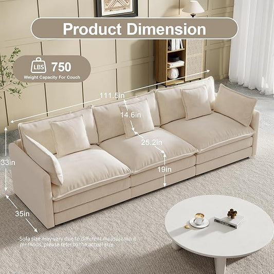 Modular Sectional Sofa, 111.5 Inch I-Shaped Cloud Sofa with Deep Seat Chenille Sofa with Cushions, Three-Self Sectional Sofa for Living Room Apartment,Light Coffee