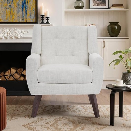 Accent Chair, Mid-Century Modern Upholstered Armchair, Comfy Fabric Living Room Chairs Reading Chairs with Button Tufted Back & Solid Wood Legs for Bedroom, Office, Beige