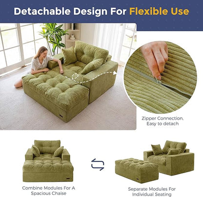 MAXYOYO Modular Sectional Chaise Lounge Sofa, Upholstered Lounge Chair with Ottoman, Comfy Couch with Layered Cushion, Tufted Upholstered Sleeper Chair for Living Room, No Assembly, Green