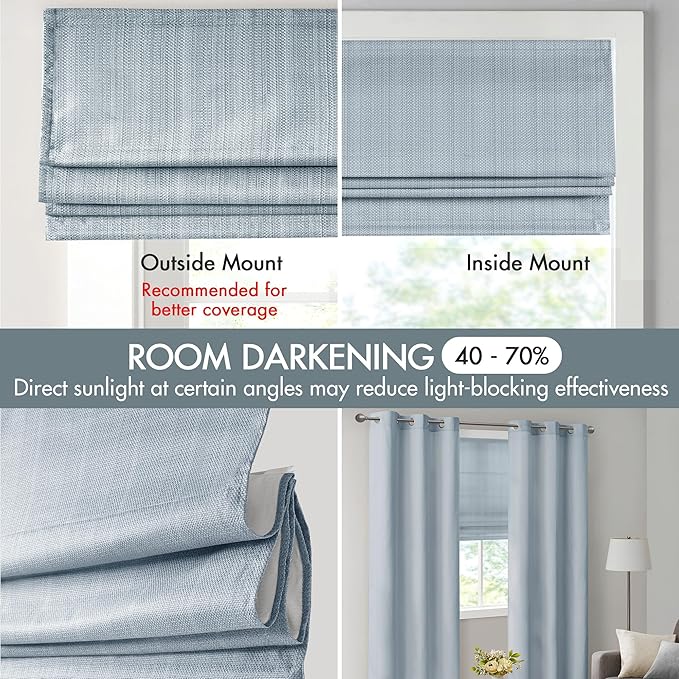 Madison Park Galen Cordless Roman Shade, 34"W x 64"H, Sheen Blue – Room Darkening, Thermal Insulated, Energy Efficient Window Blind with Subtle Sheen Basketweave Fabric for Privacy