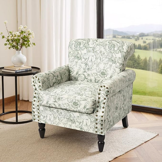 Accent Chair, Upholstered High Back Floral Armchair with Nailhead Trim & Wood Legs, Comfy Wingback Reading Single Sofa Chair for Small Spaces, Living Room, Bedroom (Rococo Green, Set of 1)