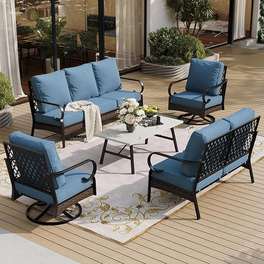 5 Piece Metal Outdoor Patio Furniture Set, Patio Conversation Setsv with 3-Seater Sofa, Loveseat, 2 Fixed Sofa (5.75" Thick Cushion) & Coffee Table Black Backyard Furniture, Denim Blue
