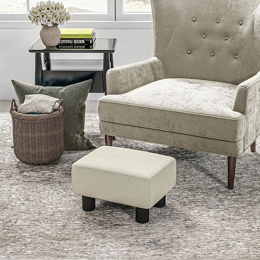 HOMCOM Ottoman Foot Rest, Small Foot Stool with Linen Fabric Upholstery and Plastic Legs, Cube Ottoman for Living Room, Beige