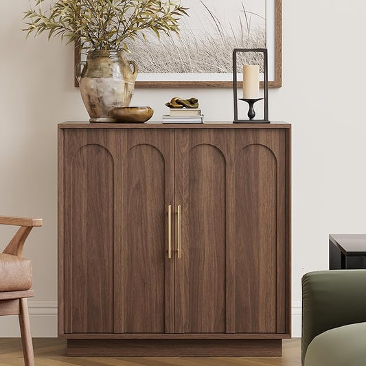 Sideboard Buffet Cabinet with Storage, Mid Century Modern Accent Cabinet with Arched Doors, Modular Media Console, Minimalist Credenza for Living Room Kitchen Dining Room Entryway, Walnut