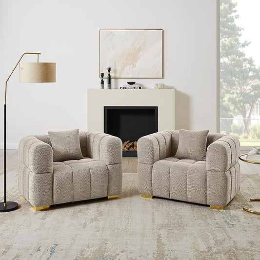 VANOMi Oversized Accent Chairs Set of 2, Boucle Arm Chair with Deep Seat, Oversized Comfy Reading Chair for Living Room, Bedroom, Office, Apartment，Camel (2 Piece)