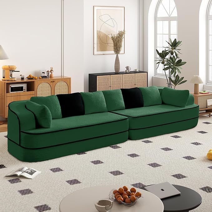 135" Modular Sectional Couch, 4-Seater with Throw Pillows Modern Teddy Fabric Foam Boneless Sofa for Living Room, Oversized with Deep Seat, No Assembly Required,Green