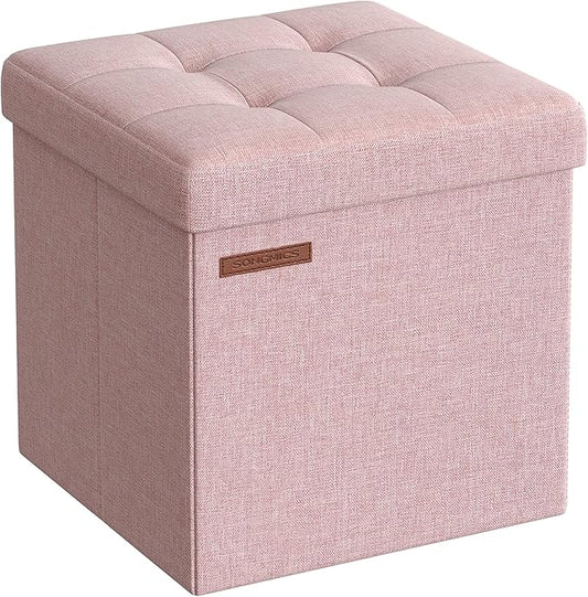 SONGMICS Storage Ottoman, Foldable Small Ottoman Foot Rest, 11.8 Inches Foot Stool, Cube Ottoman with Storage, Load up to 286 lb, for Living Room, Bedroom, Dorm, Jelly Pink ULSF028R01