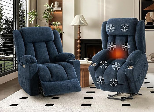 HUSFU Oversized Power Lift Recliner Chairs for Elderly with Massage and Heat, Wide Recliners Chair,Upgraded Chenille Lift Chairs w/Cup Holders, USB & Type-C Ports,Blue,2PCS