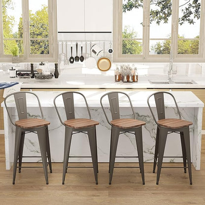 Aklaus Swivel Metal Bar Stools with Backs Counter Stools Set of 4 Counter Height Stools High Back Bar Chairs 26 Inch Barstools Farmhouse Rusty