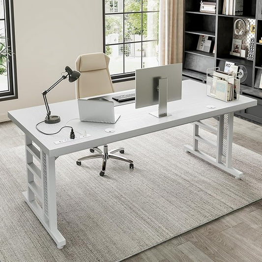 Coleshome 71 Inch Executive Desk with USB Ports, Large Computer Desk with Extra Thick, Long Mordern Office Workstation, Business Furniture for Home Office, White