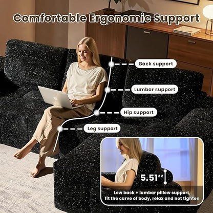 114" Glitter Cloud Sectional Couch with L-Shape Chaise & Ottoman, Modern Boneless Couches for Living Room, Fluffy Tufted Deep Seat Modular Sofa No Assembly (Black Sparkly Velvet,Right Facing)