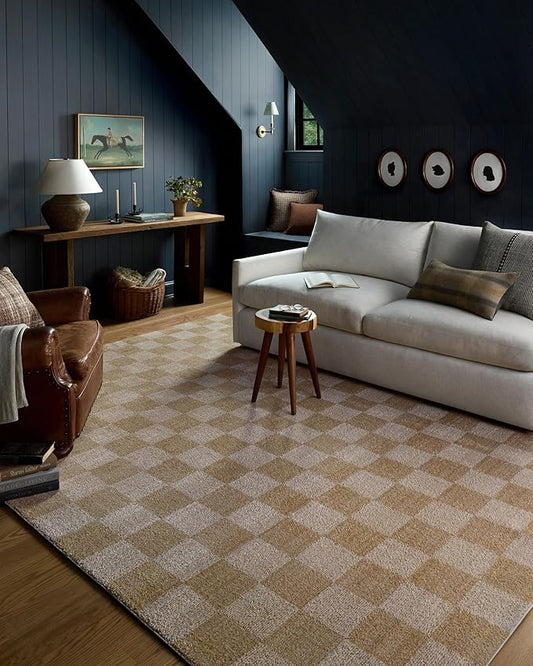 Loloi Chris Loves Julia Calvin Collection CLV-01 Wheat/Ivory 5'-3" x 5'-3" Round Area Rug Checkered Neutral Soft Living Room Bedroom Carpet