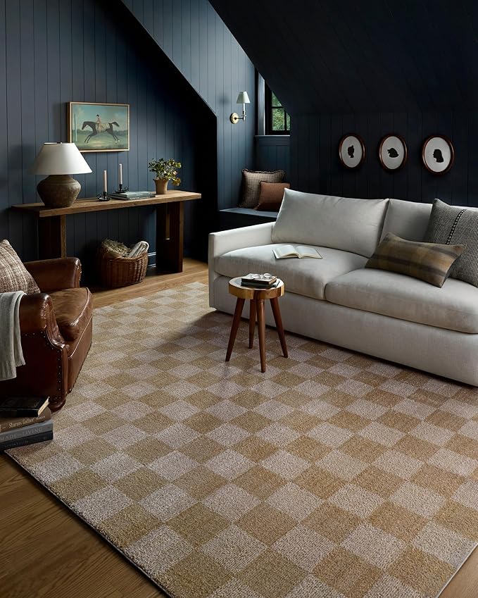Loloi Chris Loves Julia Calvin Collection CLV-01 Wheat/Ivory 5'-3" x 7'-6" Area Rug Checkered Neutral Soft Living Room Bedroom Carpet