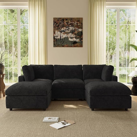 WJShome 100 Inch U Shaped Modern Sofa Modular Sectional Cloud Couch with 2 Ottoman, 4-Seat Chenille Deep Seat Couches for Living Room, Bedroom and Apartment，Black