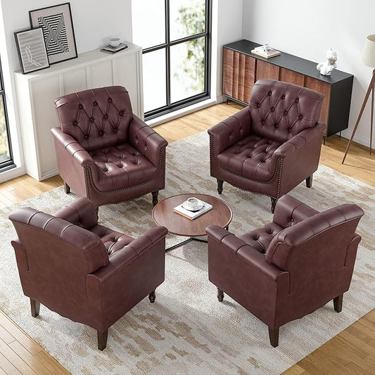 Faux Leather Accent Chairs Set of 4, Upholstered Armchairs with Nailhead Trims & Wood Legs for Living Room, Bedroom, Contemporary Comfy Club Chairs for Office-Dark Red