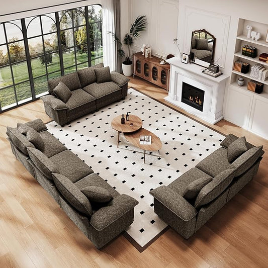 PHI VILLA Cloud Modular Couches Sets, 3 Pieces Large Sectional Sofa Set with Loveseats, 7-Seater Upholstered Couch for Living Room, Chenille Fabric, Smoky Grey