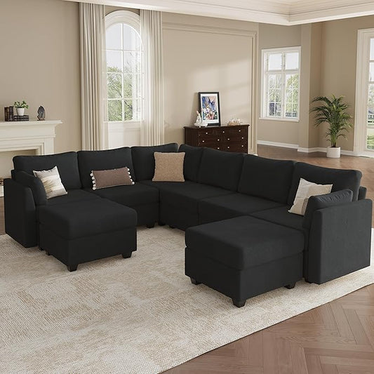 Modular Sectional Sofa Couches, Large Convertible Modular Couches with Storage, 8-Seater Sectional Sofa for Living Room, U Shaped Sectional Couch Sleeper Sofa with Chaise (Black, 8 Seats)