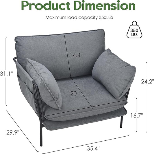 Modern Accent Chairs Set of 2, Oversized Living Room Chairs, Reading Chair with Solid Metal Legs, Fabric Armchair with Side Pockets and 2 Pillows, Accent Chairs for Bedroom, Nursery, Blue Gray