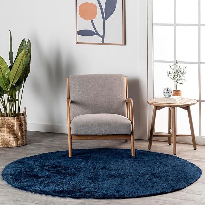 nuLOOM 4' Round Cozy Plush Area Rug, Machine Washable, Non-Slip, Soft Fluffy Shag Carpet for Living Room Bedroom Kids Room Nursery Home Decor, Loni Navy