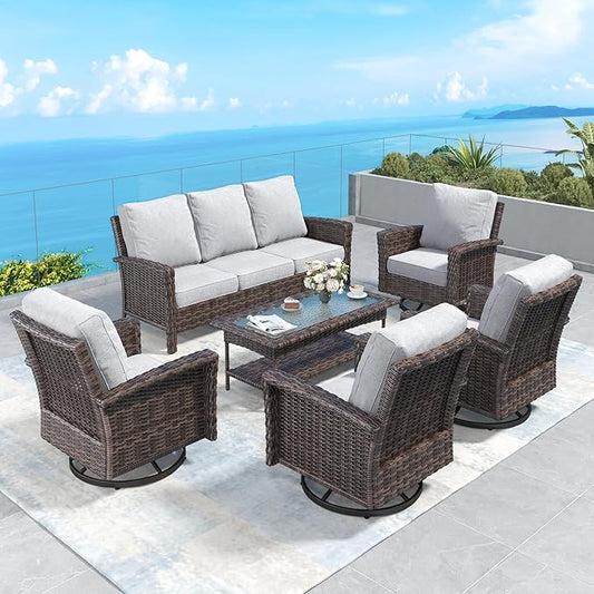 Patio Furniture Set with Swivel Chairs, High Back Wicker Rattan Furniture with 5.5" Thick Cushions and Coffee Table, Outdoor Conversation Set for Backyard Deck,7 Seats, Grey