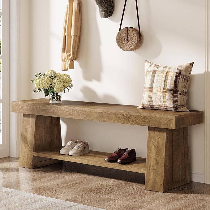 Tribesigns 63" Wooden Entryway Bench with Storage Shelf, Rustic Extra Long Bench, 2-Tier Hallway Bench for Living Room, Bedroom, Kitchen (Rustic Brown)