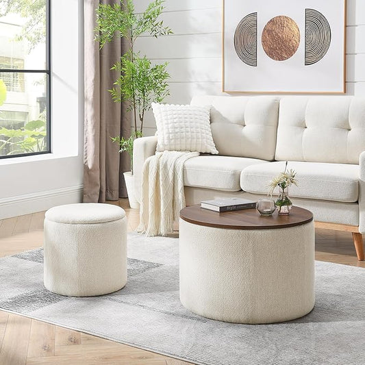 DAGONHIL 2-Piece Set Round Chenille Storage Ottoman, Equipped with a Drum Shaped Small Stool, Storage Space, and MDF Made Desktop Panel (Beige 23.6"x23.6"x16.5")