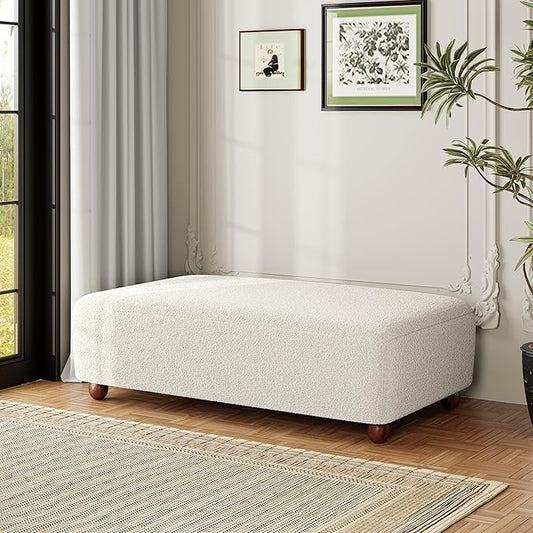 Christopher Knight Home Rika 48" Comfy Boucle Upholstered Bedroom Bench, Ottoman Bench with Rounded Wooden Legs, Spacious Seating, Long Footstool for Living Room, Entryway Bench, White + Walnut