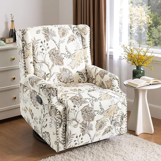 Premium 360° Swivel Recliner Chair with Footrest - Luxurious Cotton Linen & Botanical Design-Cream Plant