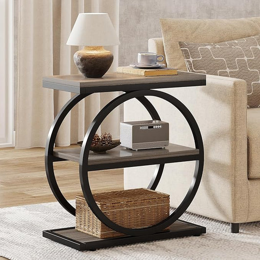 Tribesigns End Table, Narrow End Table with 3 Storage Shelves, Wood Side Table with Black Metal Frames, Industrial Small Sofa Side Table for Living Room, Grey Nightstand and Bedside Table for Bedroom