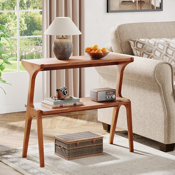 Tribesigns Narrow Side Table, 2-Tier Solid Wood End Table with Storage, Modern Tall Couch Side Table for Living Room, Slim Bedside Table for Bedroom, Small Spaces, Cherry