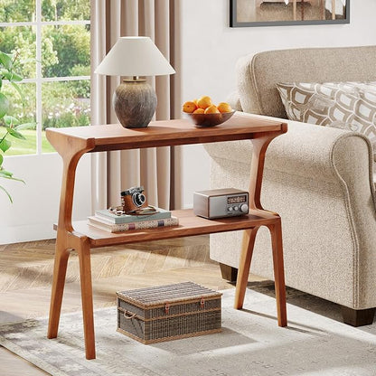 Tribesigns Set of 2 Narrow Side Table, 2-Tier Solid Wood End Table with Storage, Modern Couch Side Table for Living Room, Slim Bedside Table for Bedroom, Small Spaces, Walnut