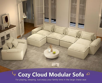 Hobestluk 152" Cloud Modular Sectional Couch 4-Seater Sofa with Ottomans U Shaped Couch Deep Seat Sofa with Removable Cover for Living Room (Beige, 4-Seater Sofa with Two Ottomans)