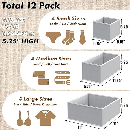 SIMPLE HOUSEWARE Foldable Drawer Organizer for Clothes/Underwear/Panty/Onesie Stocking Bin, Set of 12, Gray