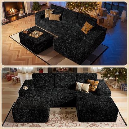 37.8" Glitter Velvet Ottoman for Couch, Memory Foam Cloud Boneless Sectional Couch for Living Room Foot Stools No Assembly Require (Sparkly Velvet, Black)