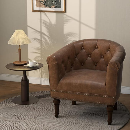 Lumibee Faux Leather Barrel Chair, Upholstered Accent Chair for Living Room, Modern Comfy Club Armchair for Office, Bedroom, Waiting Room-Brown