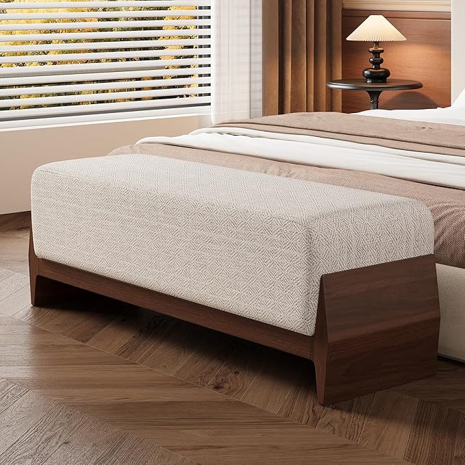 Christopher Knight Home Kingen 55'' Linen Fabric Upholstered End of Bed Ottoman, Wooden Living Room Ottoman Bench with Thick Soft Cushions, Long Entryway Bench, Long Seating for Bedroom, Brown + White