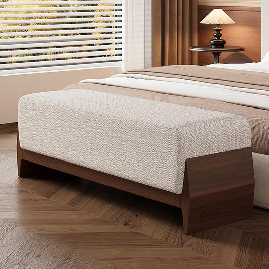 Christopher Knight Home Kingen 55'' Linen Fabric Upholstered End of Bed Ottoman, Wooden Living Room Ottoman Bench with Thick Soft Cushions, Long Entryway Bench, Long Seating for Bedroom, Brown + White