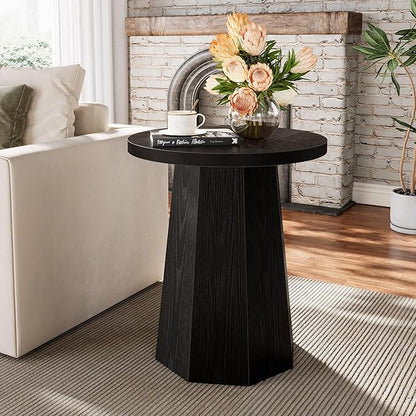 Tribesigns Farmhouse Round End Table, Wooden Couch Side Table with Octagonal Base, Black Nightstand Pedestal Accent Furniture for Living Room, Bedroom (1)