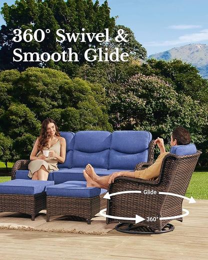 HILLGA Luxury Patio Furniture Set with 6-inch Thick Cushion, Outdoor Couch and High Back Swivel Rocker Patio Chairs, 7PCS Wicker Conversation Set for Deck Yard and Poolside, Blue (V2)
