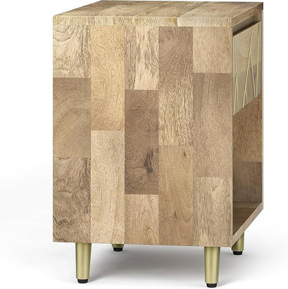 SIMPLIHOME Jager Bedside Table - 22 inch Wide Solid Mango Wood Nightstand in Natural, Mid Century Contemporary Bedroom Side or End Table with Brass Metal Inlay, 1 Drawer, and Open Storage