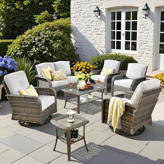 7 PCS Patio Outdoor Furniture Set with Swivel Rocking Chairs,All Weather Wicker Rattan Patio Seating Sofa and Chairs Set,Outdoor Conversaiton Sets for Deck Yard Prrch Garden Poolside,Grey