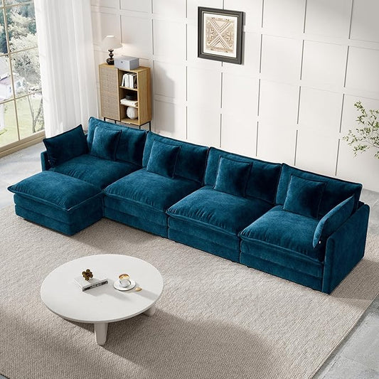 Modular Sectional Sofa, 146.5 Inch L-Shaped Cloud Sofa with Deep Seat Chenille Sofa with Cushions, Four Seater Sectional Sofa for Living Room Apartment,Blue