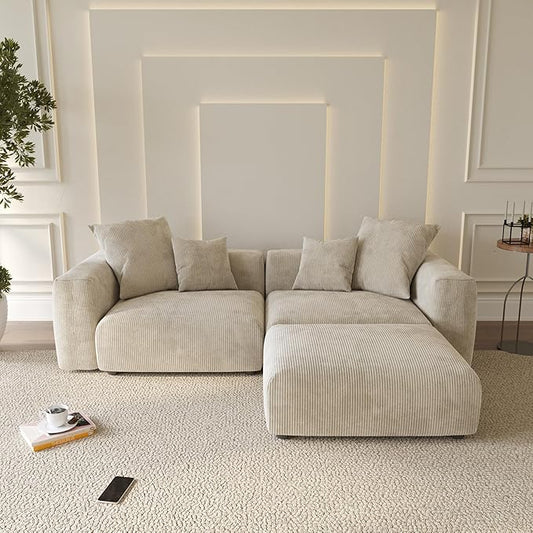 WJShome Cloud Couch Modular Sectional Sofa,102inch L Shaped Sofa with Ottoman,Beige 3 Seater Corduroy Couch,Convertible Sectional Sofa for Living Room,Cushion Covers Removable& Washable