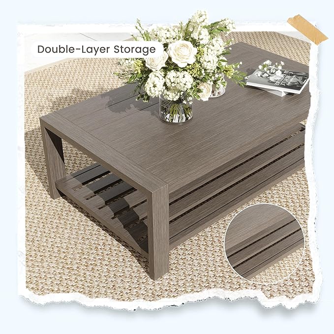 UDPATIO Aluminum Patio Furniture Set, 4 Piece Faux Wood Outdoor Patio Sets with Coffee Table, Metal Patio Furniture Set Modern Outdoor Sectional for Deck Porch Patio, Dark Grey